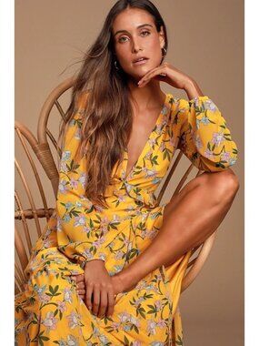 Lulus Maxi Dress Size XS Thrive Together Yellow Floral Print Long Sleeve